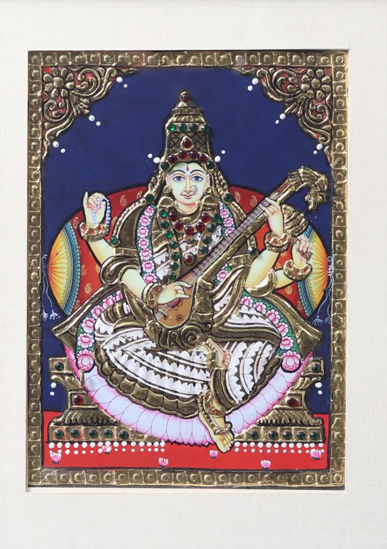 Fourarmed Goddess Saraswati Tanjore Painting