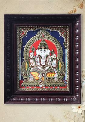 Chaturbhuja Lord Ganesha Seated On Kirtimukha Throne Tanjore Painting With Teakwood Frame