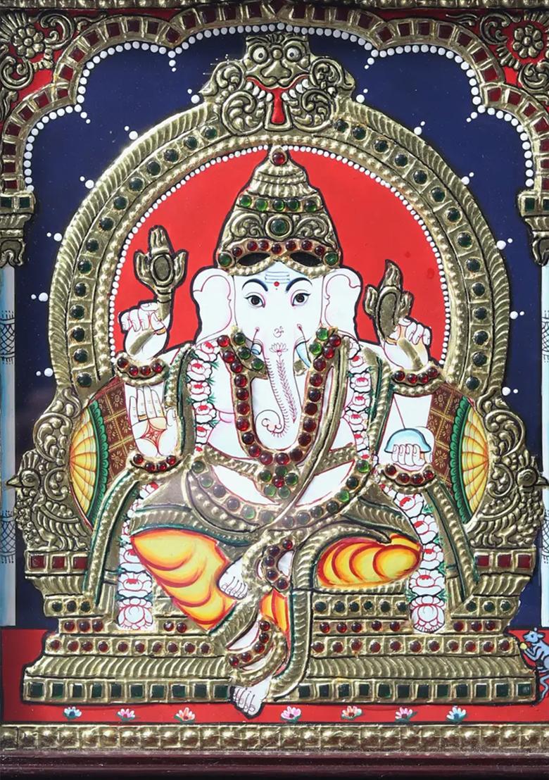 Chaturbhuja Lord Ganesha Seated On Kirtimukha Throne Tanjore Painting With Teakwood Frame