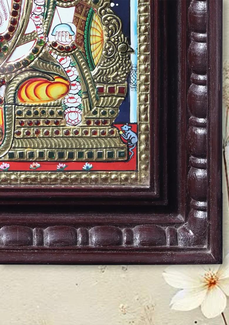 Chaturbhuja Lord Ganesha Seated On Kirtimukha Throne Tanjore Painting With Teakwood Frame