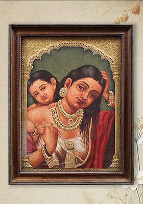 Mother With Child Tanjore Painting With Vintage Teakwood Frame