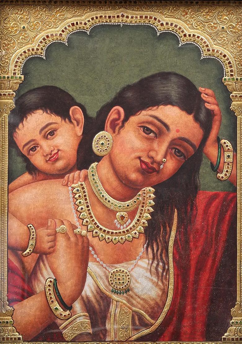 Mother With Child Tanjore Painting With Vintage Teakwood Frame