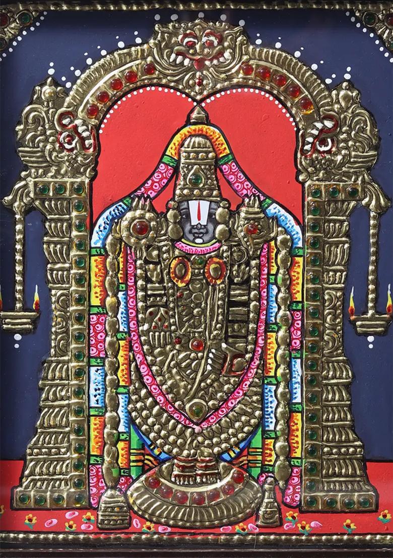Tirupati Balaji Venkateshvara Tanjore Painting With Teakwood Frame