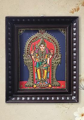 Standing Lord Murugan With Kirtimukha Prabhavali Tanjore Painting With Teakwood Frame