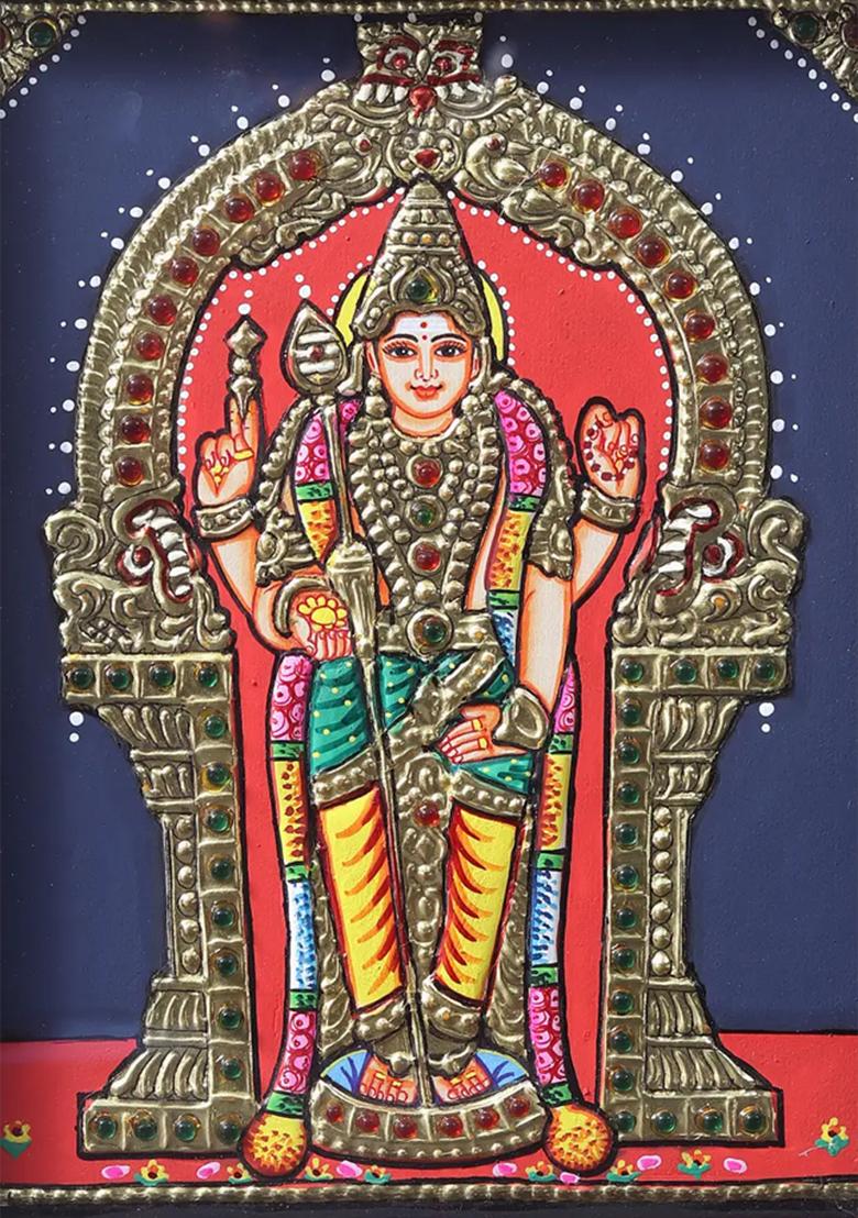 Standing Lord Murugan With Kirtimukha Prabhavali Tanjore Painting With Teakwood Frame