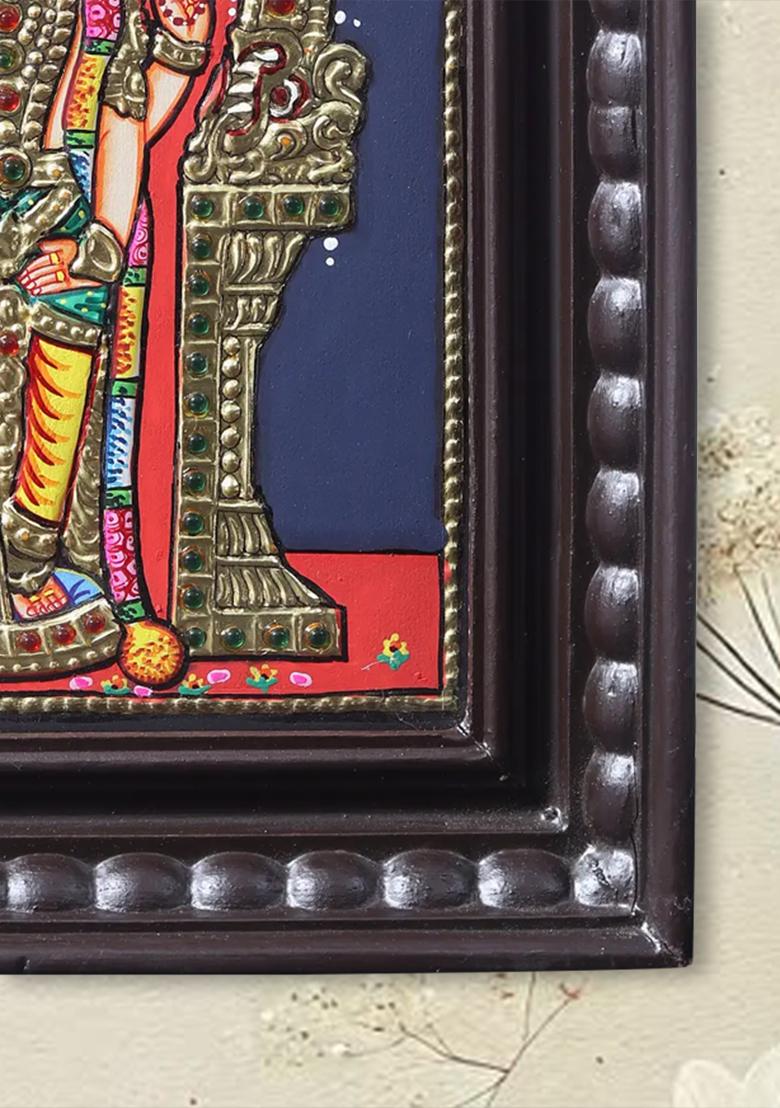 Standing Lord Murugan With Kirtimukha Prabhavali Tanjore Painting With Teakwood Frame