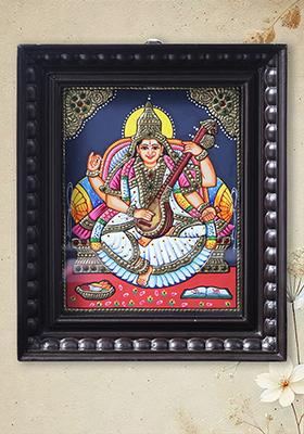 Devi Saraswati Goddess Of Knowledge Tanjore Painting With Teakwood Frame