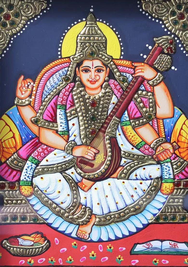 Devi Saraswati Goddess Of Knowledge Tanjore Painting With Teakwood Frame