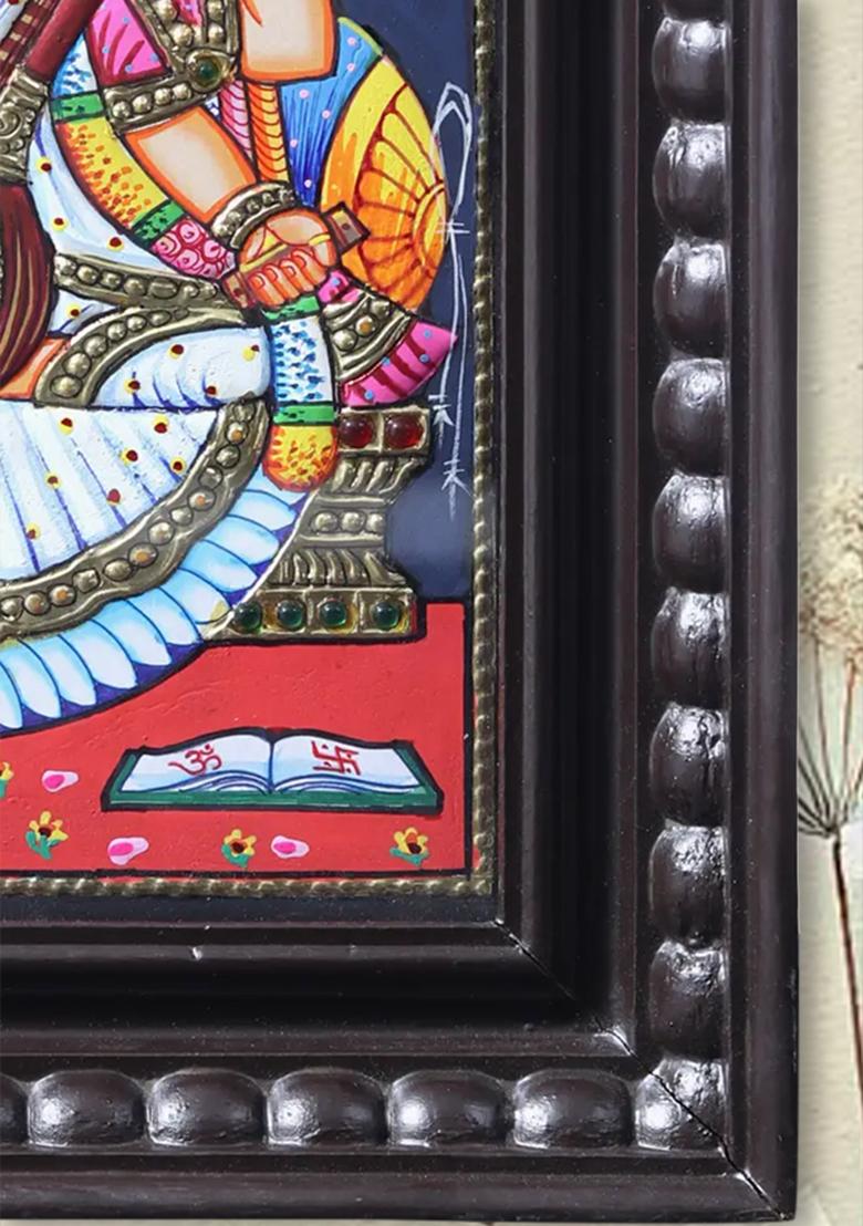 Devi Saraswati Goddess Of Knowledge Tanjore Painting With Teakwood Frame