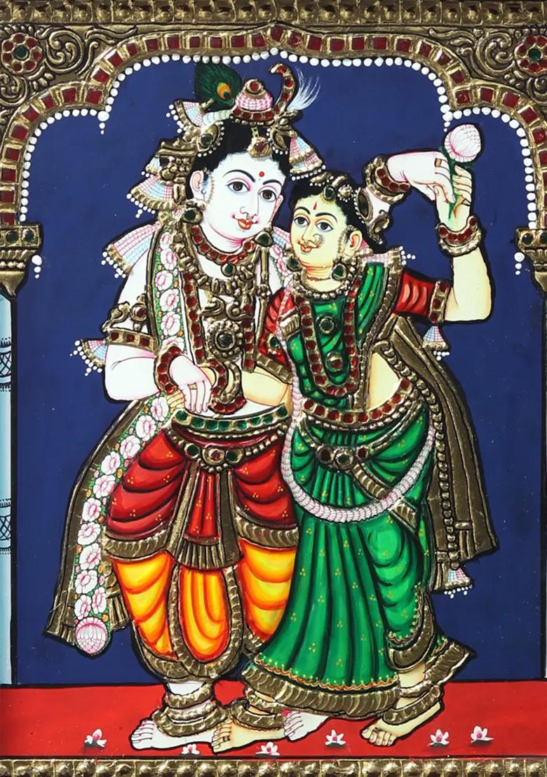 Standing Radha Krishna Tanjore Painting With Wooden Frame
