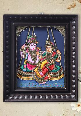 Radha Krishna On Swing Antique Style Tanjore Painting With Teakwood Frame