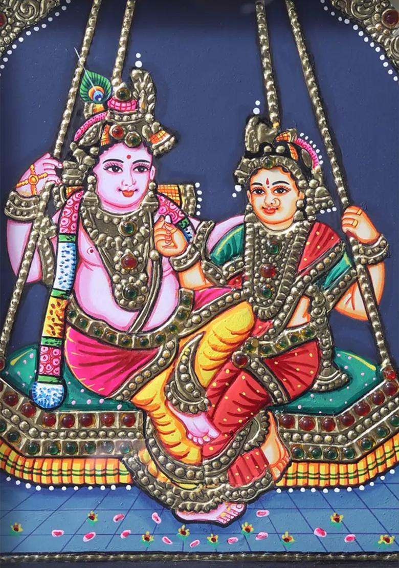 Radha Krishna On Swing Antique Style Tanjore Painting With Teakwood Frame