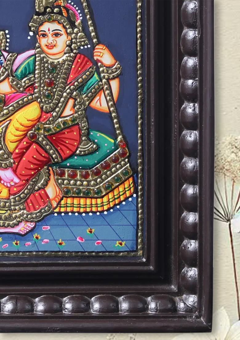 Radha Krishna On Swing Antique Style Tanjore Painting With Teakwood Frame