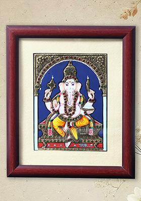 Sitting Fourarmed Lord Ganesha Tanjore Painting