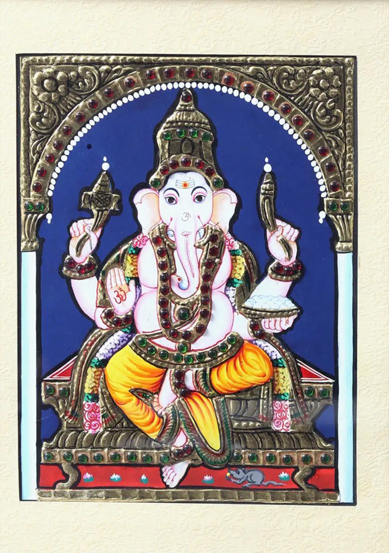 Sitting Fourarmed Lord Ganesha Tanjore Painting