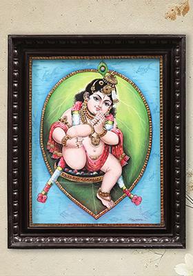 Vatapatrashayi Krishna Tanjore Painting With Teakwood Frame