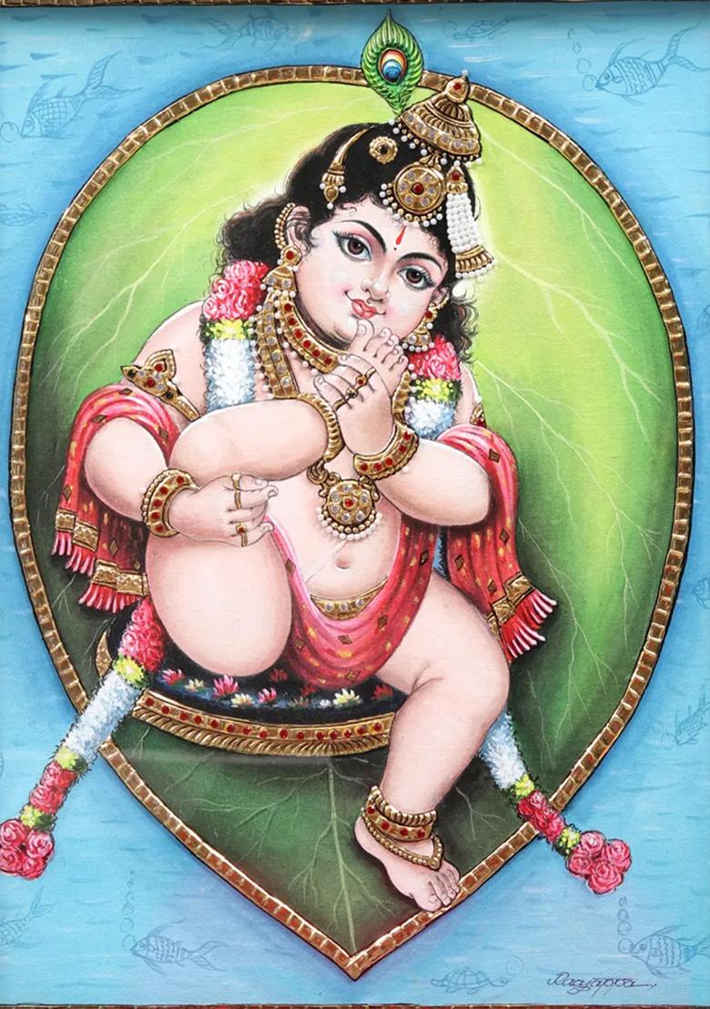 Vatapatrashayi Krishna Tanjore Painting With Teakwood Frame