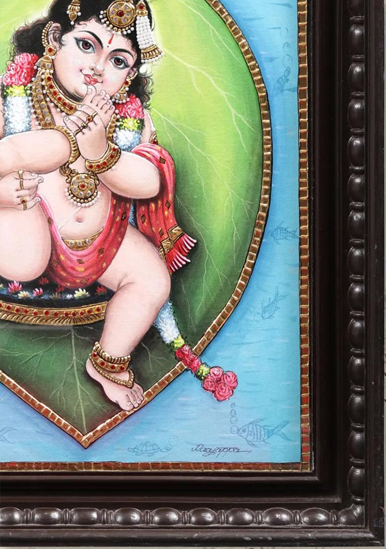 Vatapatrashayi Krishna Tanjore Painting With Teakwood Frame
