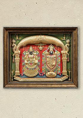 Lord Balaji And Goddess Padmavathi Embossed Tanjore Painting With Teakwood Frame