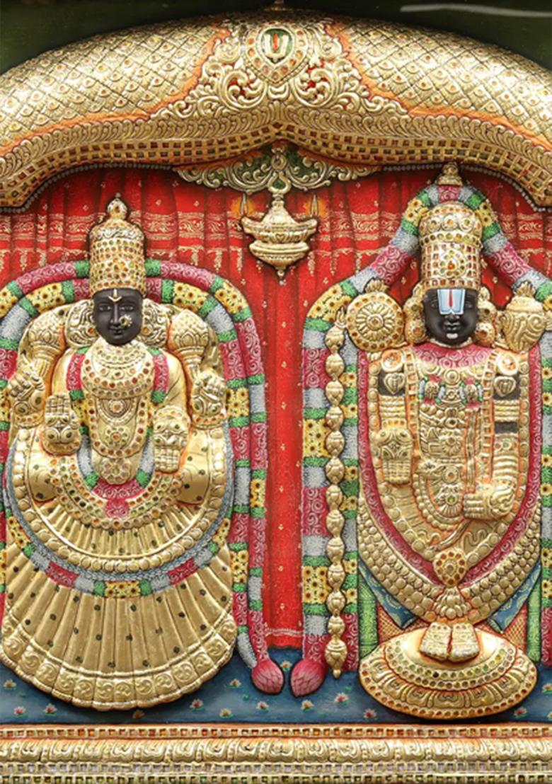 Lord Balaji And Goddess Padmavathi Embossed Tanjore Painting With Teakwood Frame
