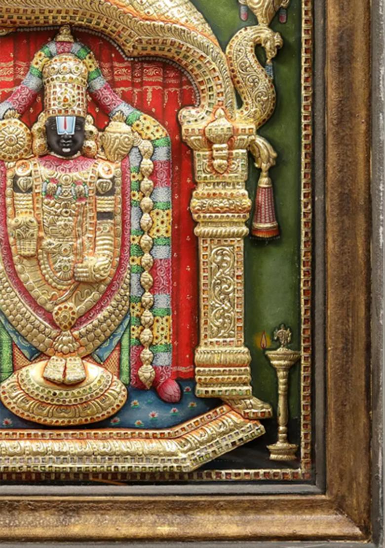 Lord Balaji And Goddess Padmavathi Embossed Tanjore Painting With Teakwood Frame