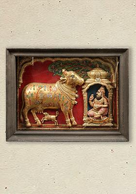 Kasyapa Worshipping Kamdhenu Embossed Tanjore Painting With Teakwood Frame