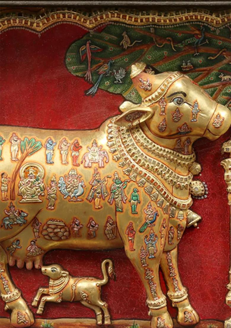 Kasyapa Worshipping Kamdhenu Embossed Tanjore Painting With Teakwood Frame