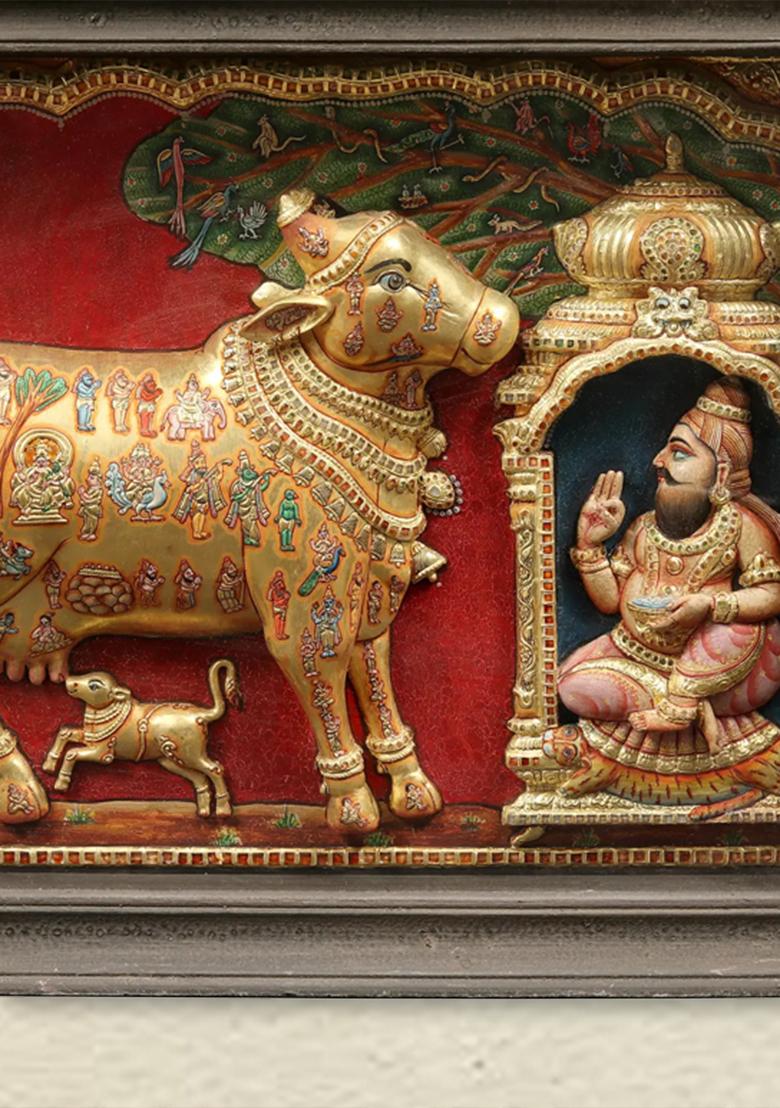 Kasyapa Worshipping Kamdhenu Embossed Tanjore Painting With Teakwood Frame