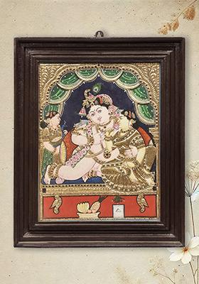 Navaneeta Krishna Tanjore Painting With 24K Gold Teakwood Frame Handmade
