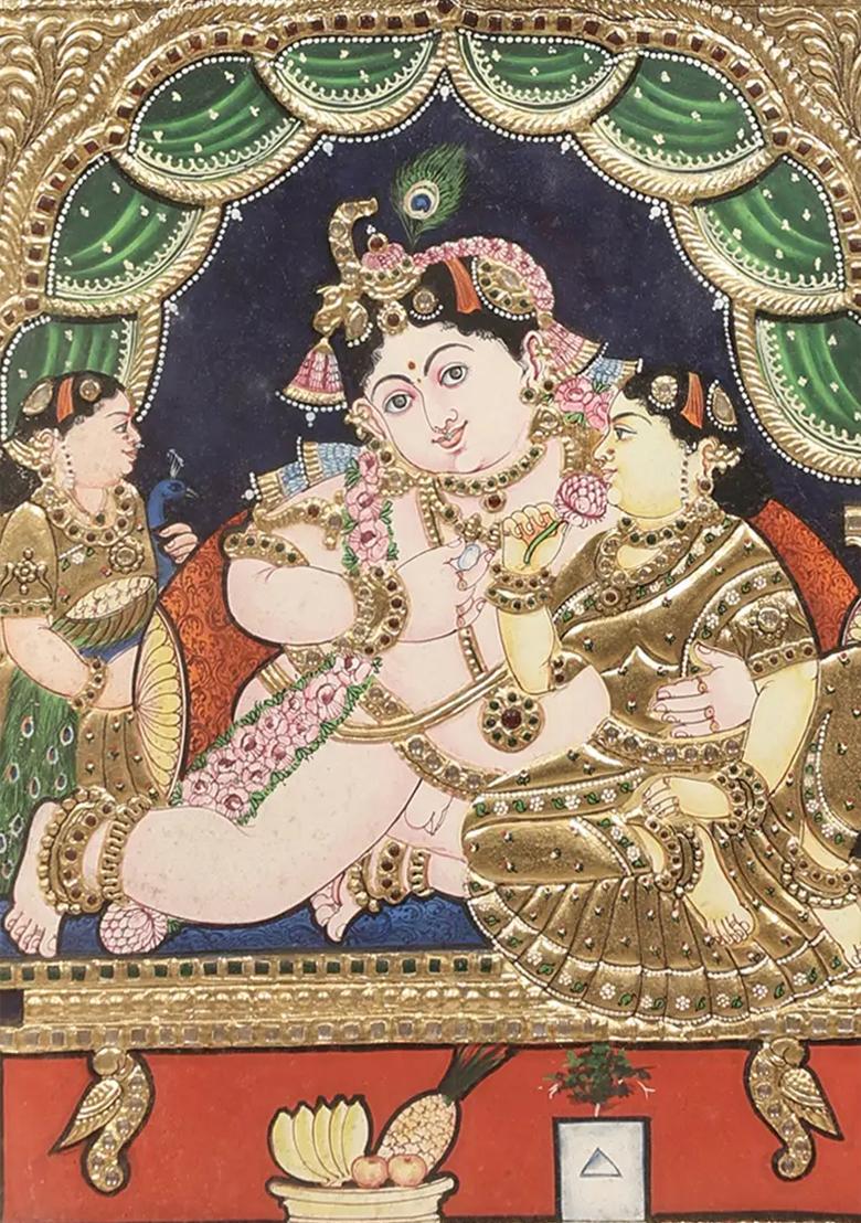 Navaneeta Krishna Tanjore Painting With 24K Gold Teakwood Frame Handmade