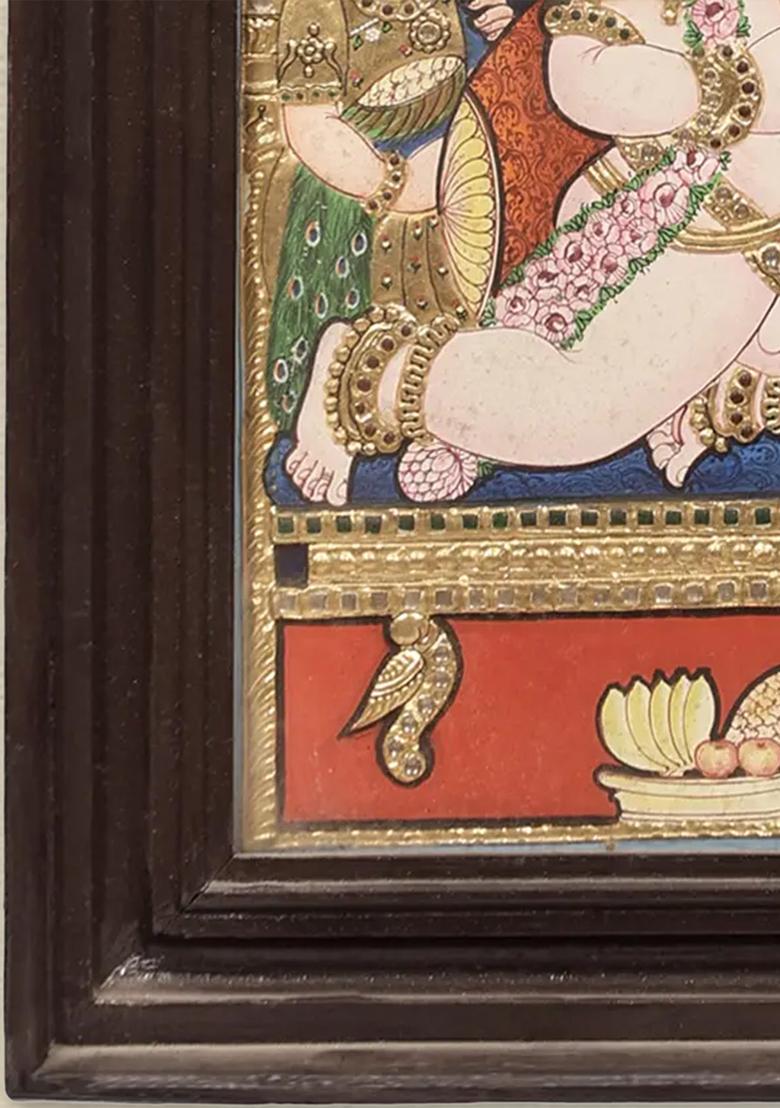 Navaneeta Krishna Tanjore Painting With 24K Gold Teakwood Frame Handmade