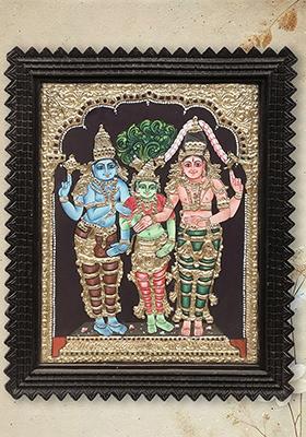 Shiva Parvati Meenakshi Tanjore Painting With 24K Gold Teakwood Frame Handmade