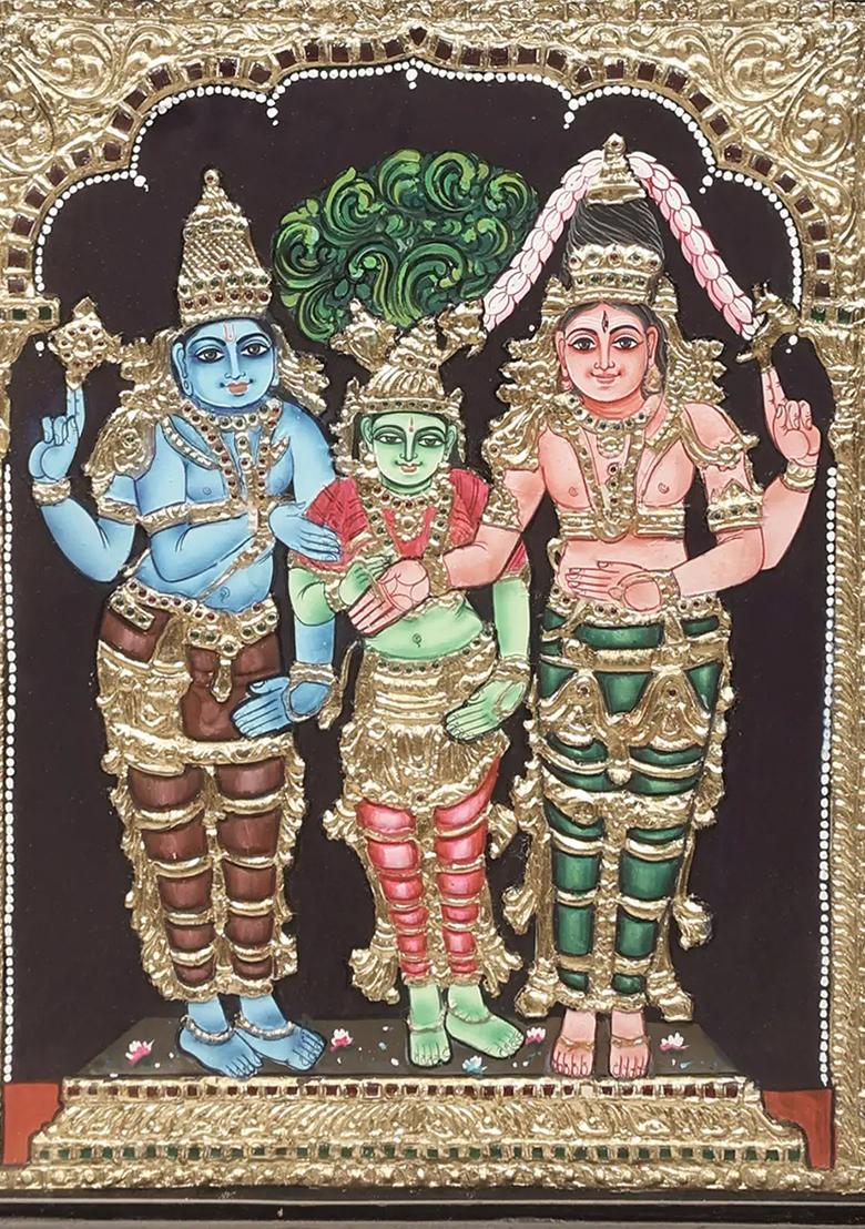 Shiva Parvati Meenakshi Tanjore Painting With 24K Gold Teakwood Frame Handmade