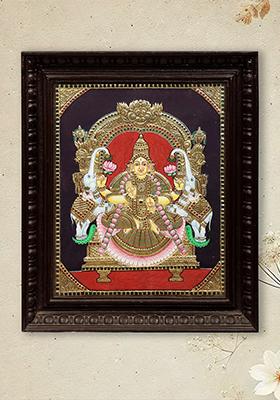 Padmasana Gajalakshmi Tanjore Painting With 24K Gold Teakwood Frame Handmade