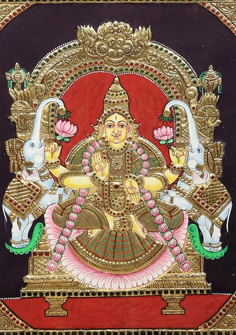 Padmasana Gajalakshmi Tanjore Painting With 24K Gold Teakwood Frame Handmade