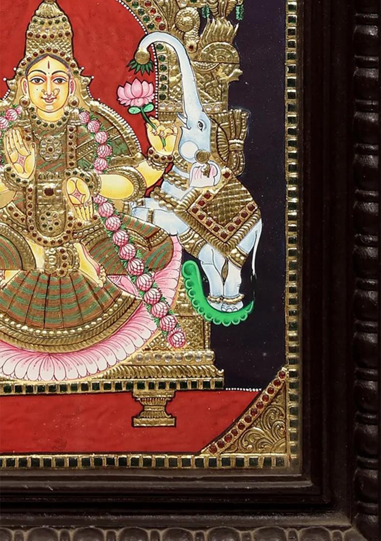 Padmasana Gajalakshmi Tanjore Painting With 24K Gold Teakwood Frame Handmade