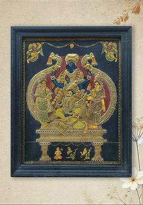 Lord Vishnu Shridevi And Bhudevi Trio Work Tanjore Painting