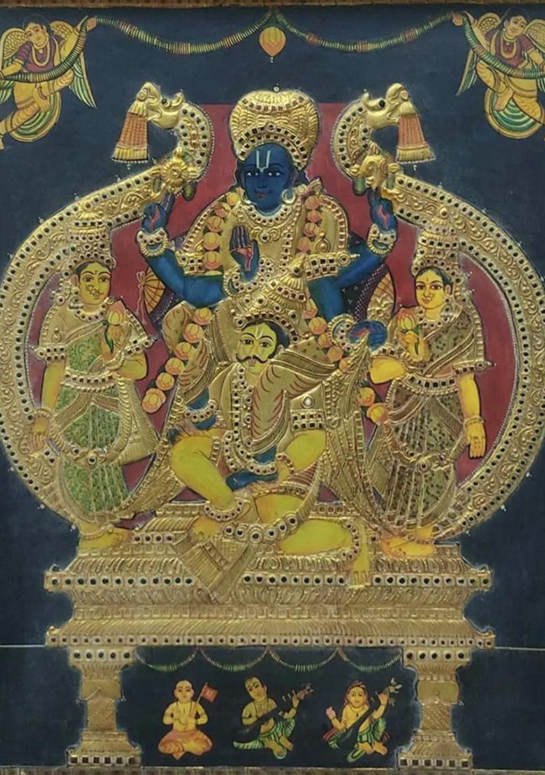 Lord Vishnu Shridevi And Bhudevi Trio Work Tanjore Painting