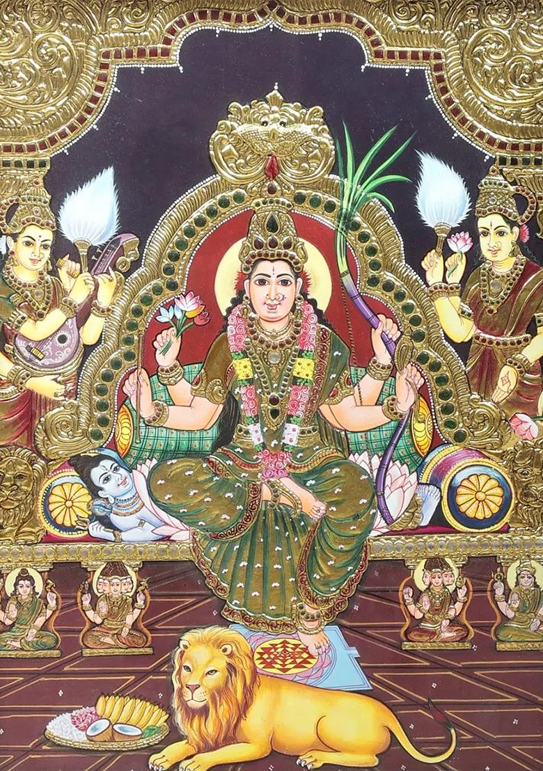 Goddess Rajarajeshwari Tanjore Painting With 24K Gold Teakwood Frame Handmade Made In India