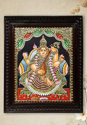 Goddess Saraswati Tanjore Painting With 24K Gold Teakwood Frame Handmade Made In India
