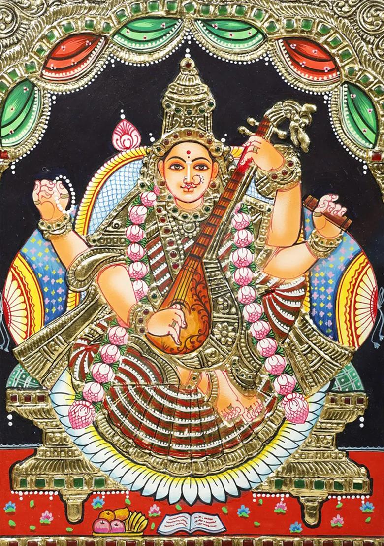 Goddess Saraswati Tanjore Painting With 24K Gold Teakwood Frame Handmade Made In India