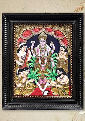 Lord Vishnu Tanjore Painting With 24K Gold Teakwood Frame