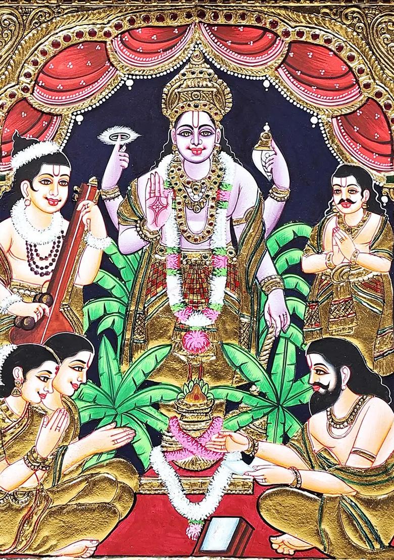 Lord Vishnu Tanjore Painting With 24K Gold Teakwood Frame