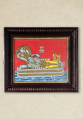 Shesha Shayi Vishnu Tanjore Painting With 24K Gold Teakwood Frame Handmade Artwork