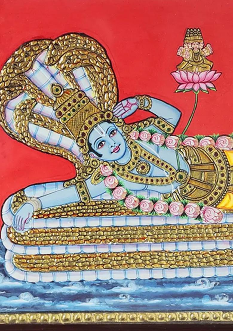 Shesha Shayi Vishnu Tanjore Painting With 24K Gold Teakwood Frame Handmade Artwork