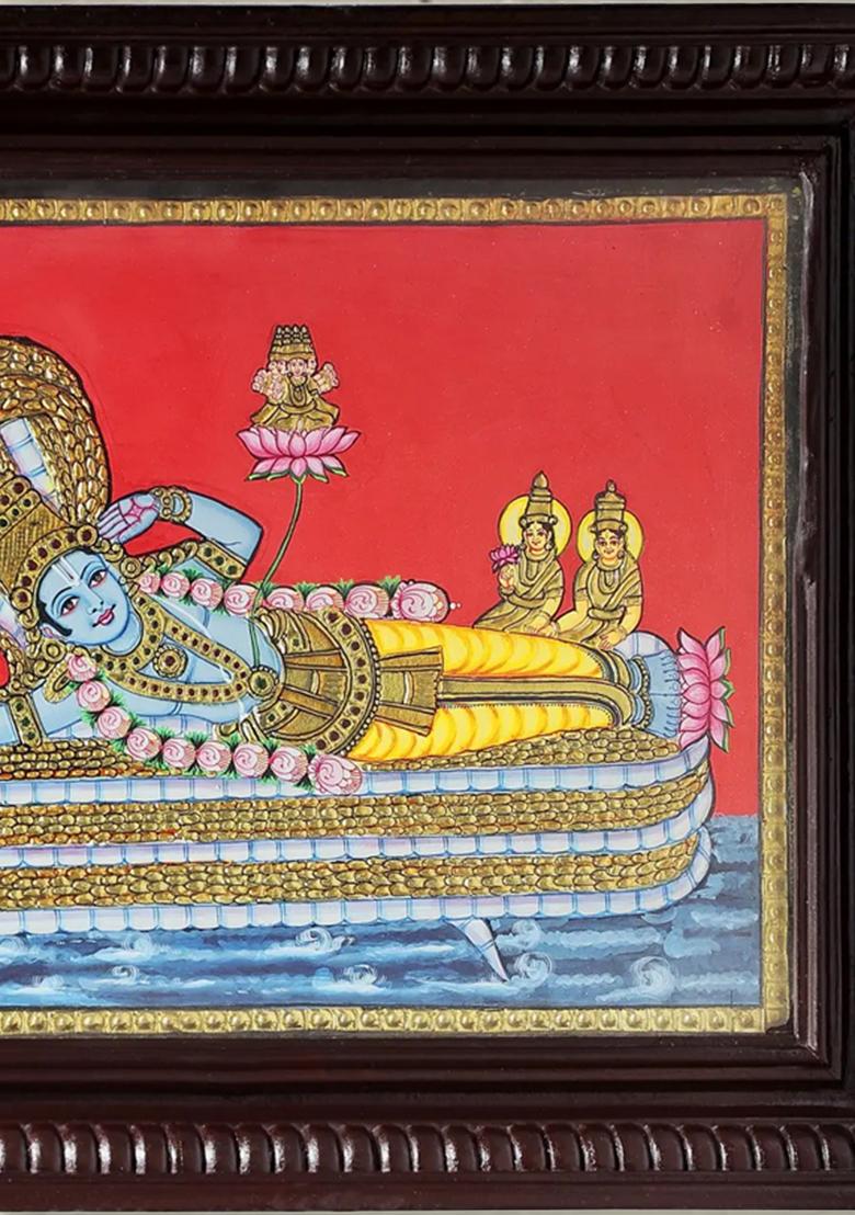 Shesha Shayi Vishnu Tanjore Painting With 24K Gold Teakwood Frame Handmade Artwork
