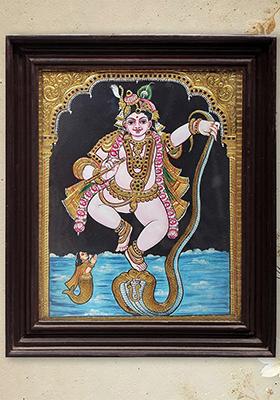 Lord Krishna Dancing On Serpent Kaliya Tanjore Painting With 24K Gold