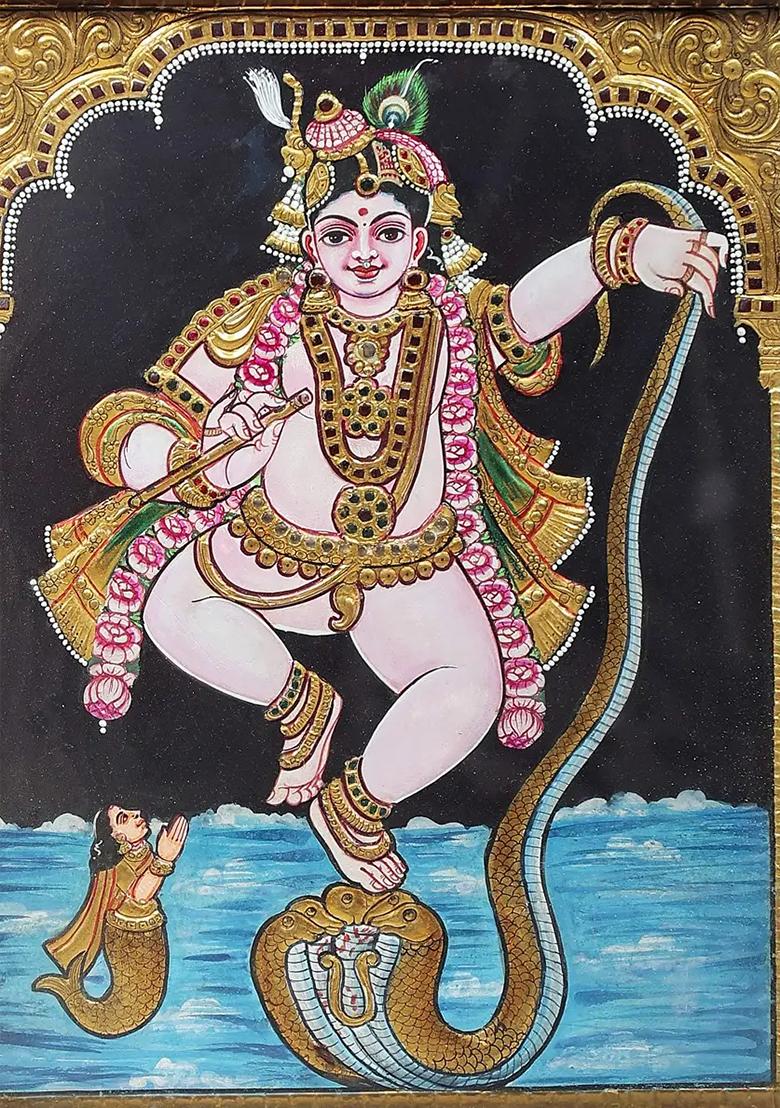Lord Krishna Dancing On Serpent Kaliya Tanjore Painting With 24K Gold