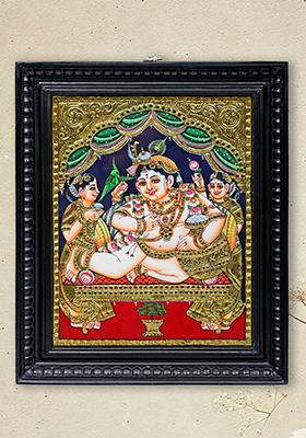 Navaneeta Krishna Tanjore Painting With 24K Gold