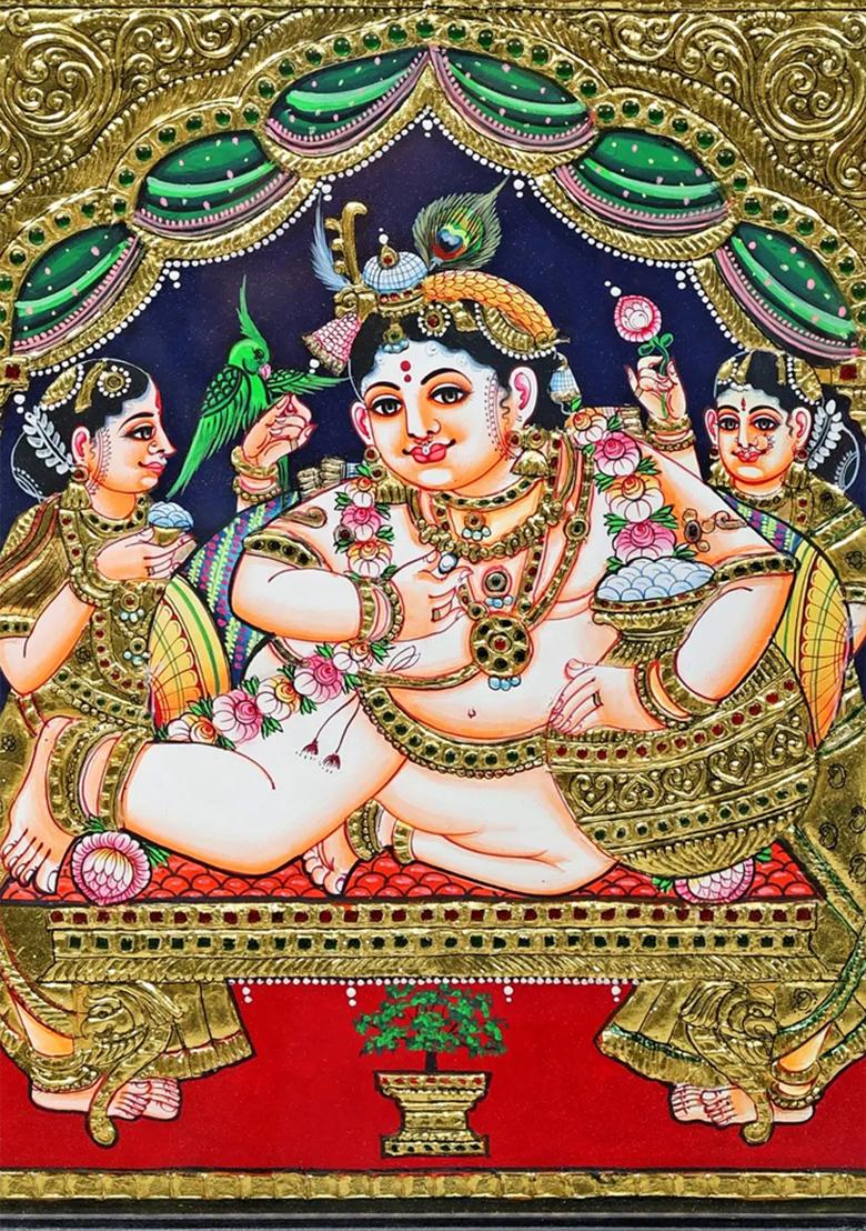 Navaneeta Krishna Tanjore Painting With 24K Gold